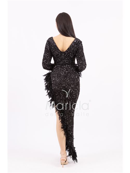 Abito lungo con paillettes e piume MARICLA ELEGANCE | SS23126NERO